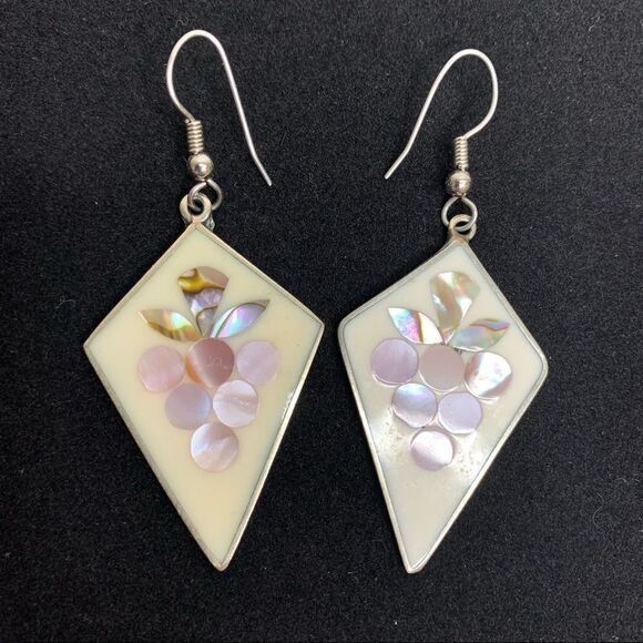 ALPACA Mexico Silver Abalone Enamel Diamond Shaped Earrings - Picture 2 of 5